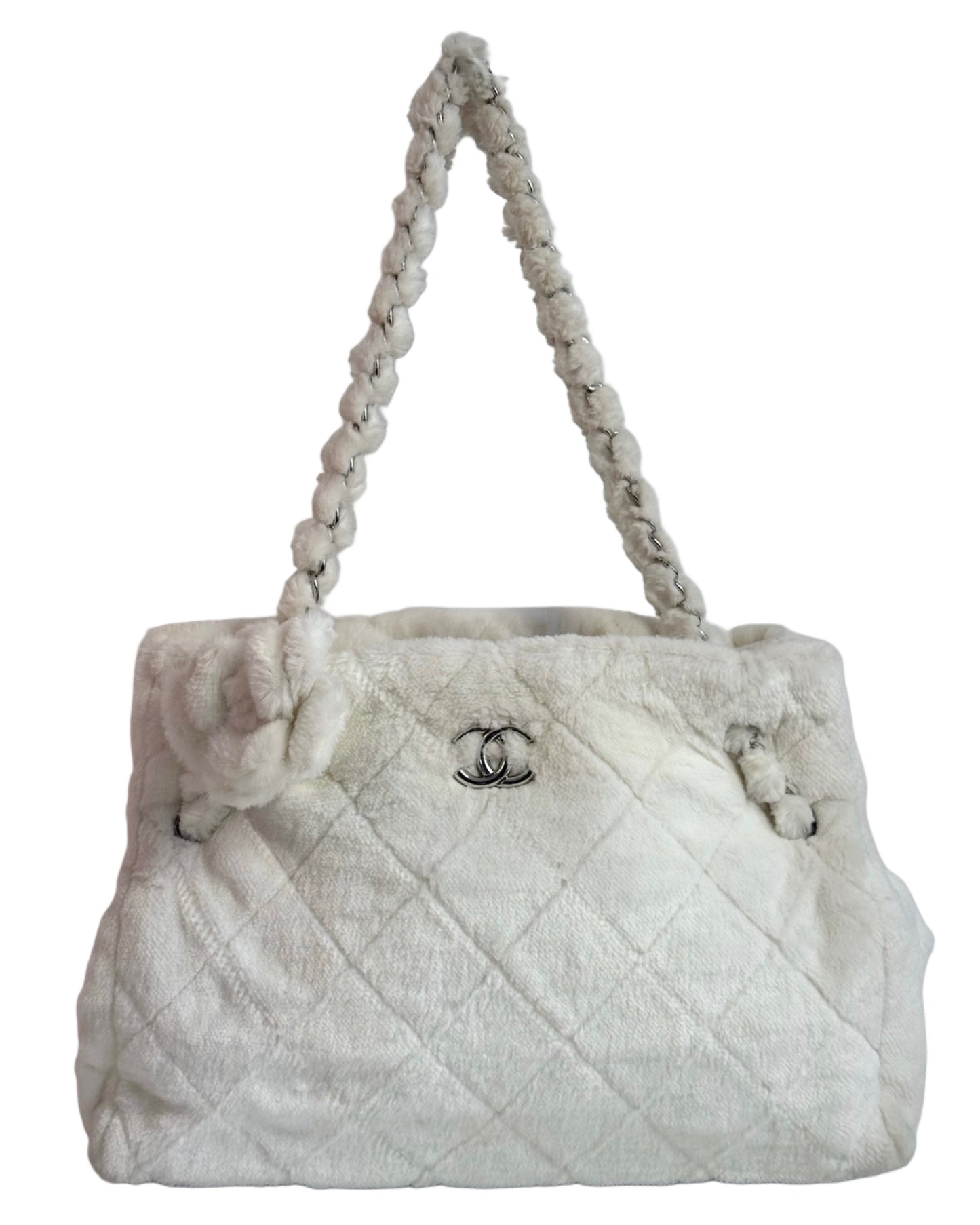 Chanel Vintage White Quilted Fantasy Fur Camellia Tote Bag