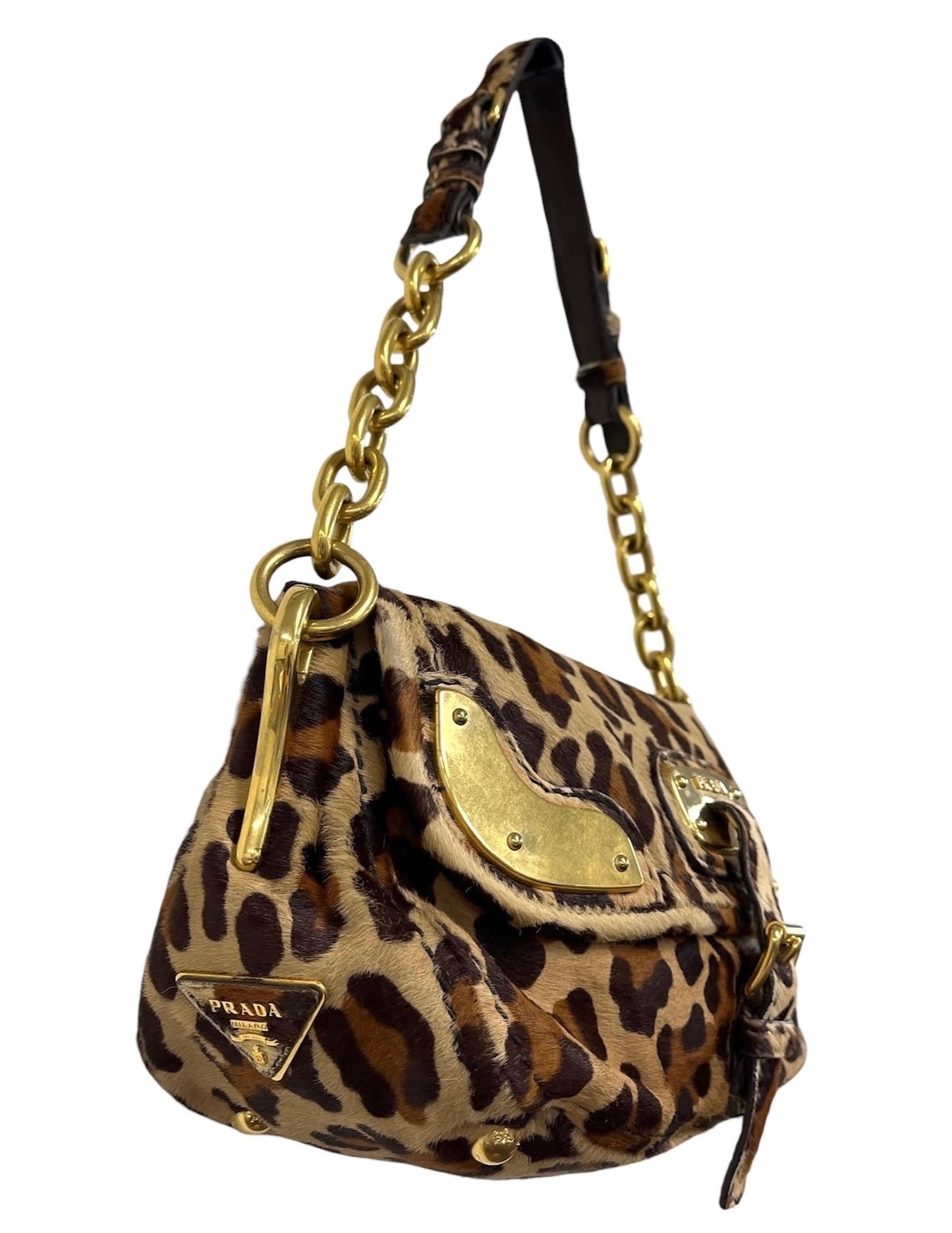 Prada Vintage Leopard Print Pony Hair Chain Link Buckle Small Shoulder Bag
