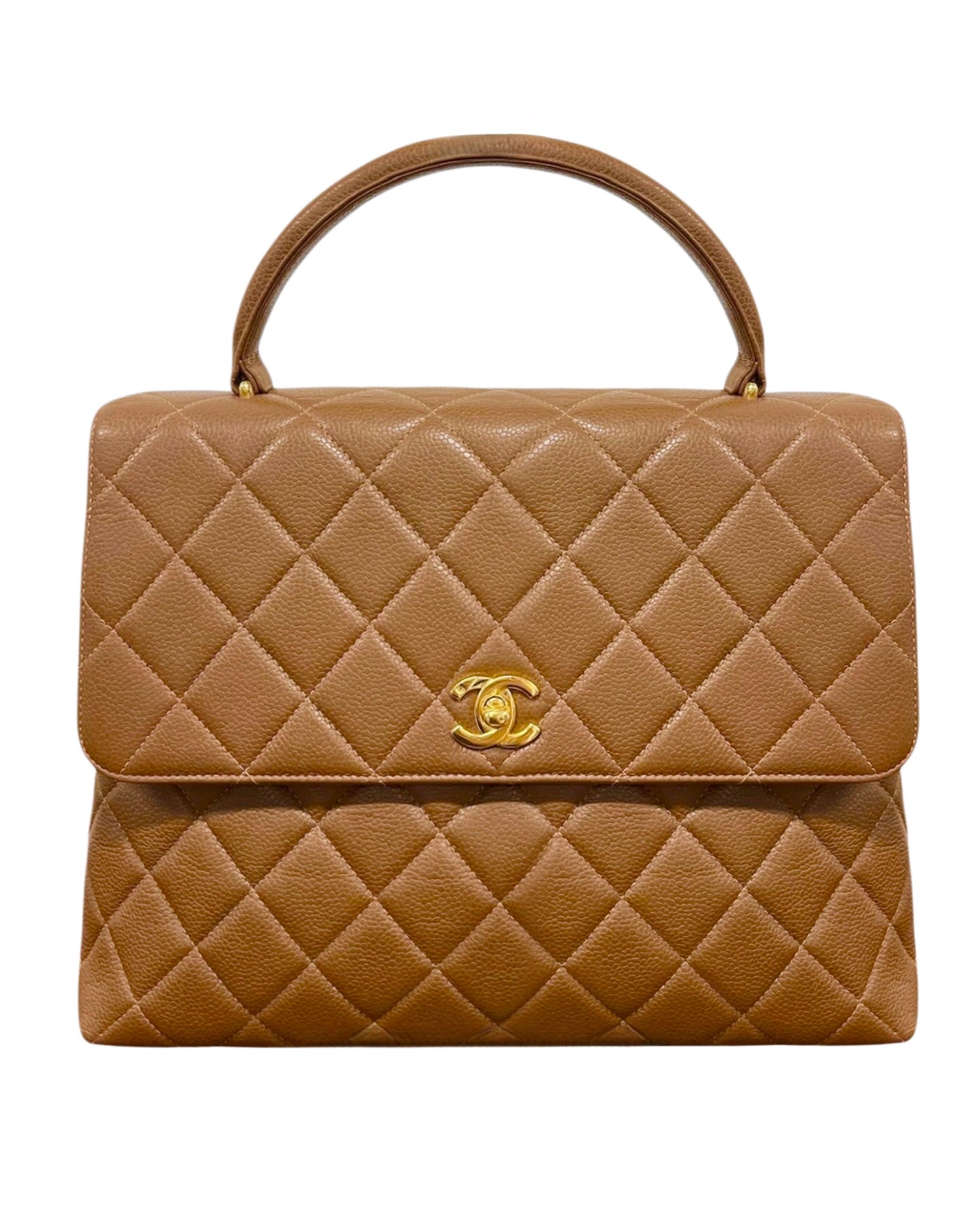 Chanel Vintage 90s Light Brown Quilted Caviar Medium Kelly Top Handle Flap Bag with 24K GPHW 