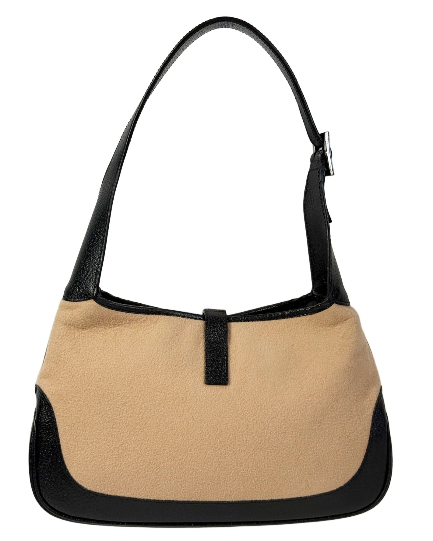 Gucci Vintage Beige Felt Black Leather Trim Small Jackie O Shoulder Bag