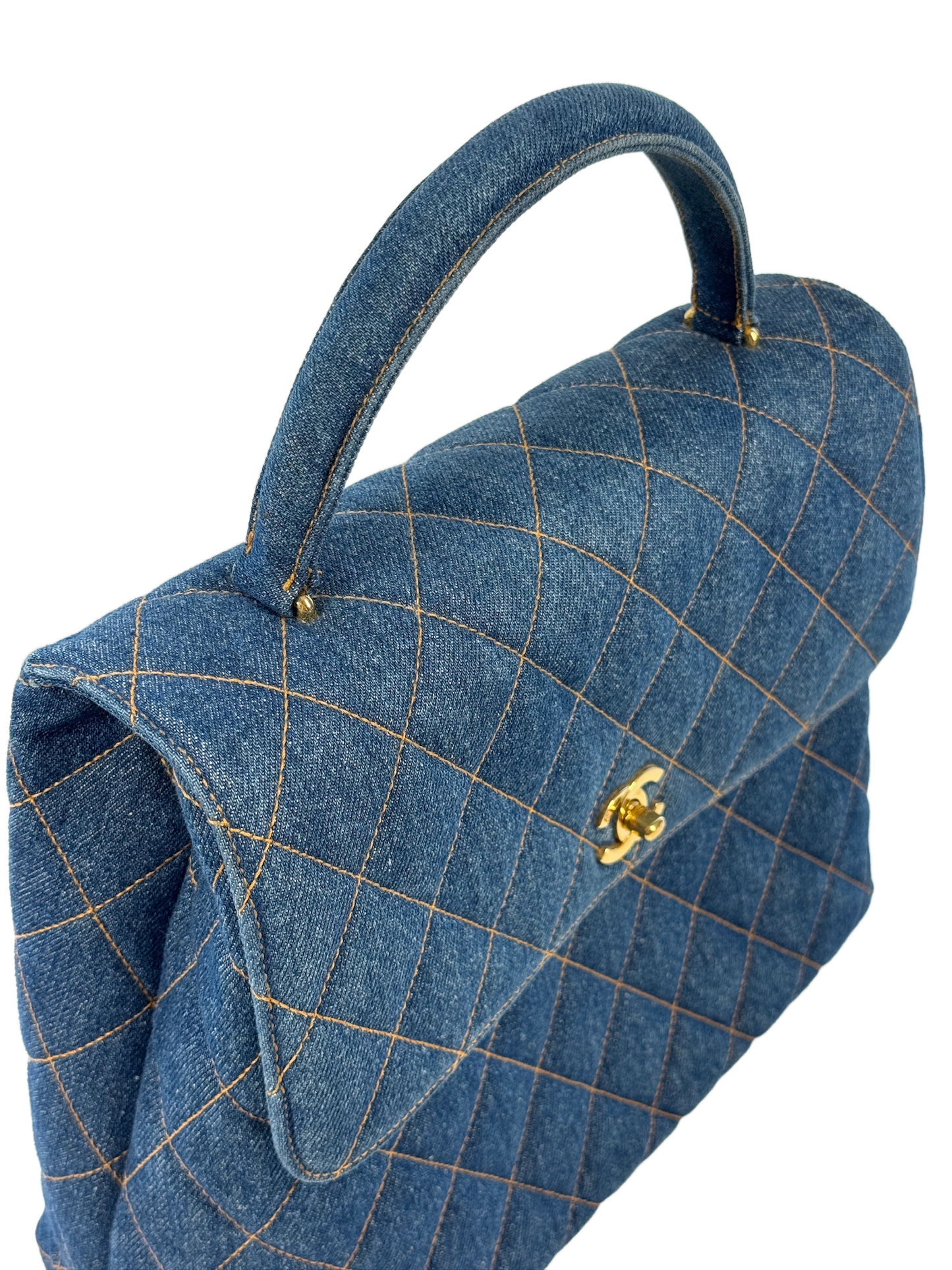 Chanel Vintage 1997 Blue Quilted Denim Medium Classic Kelly Top Handle Flap Bag w 24K Gold Plated Hardware