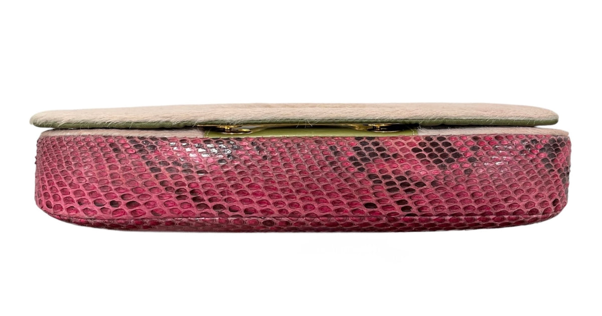 Dior Vintage 00s Pink Pony Hair & Fuchsia Python Green Trim Malice Shoulder Bag