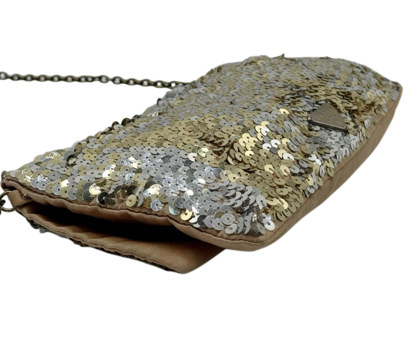 Prada Vintage Gold & Silver Metallic Sequin Satin Evening Shoulder Bag with Mirror
