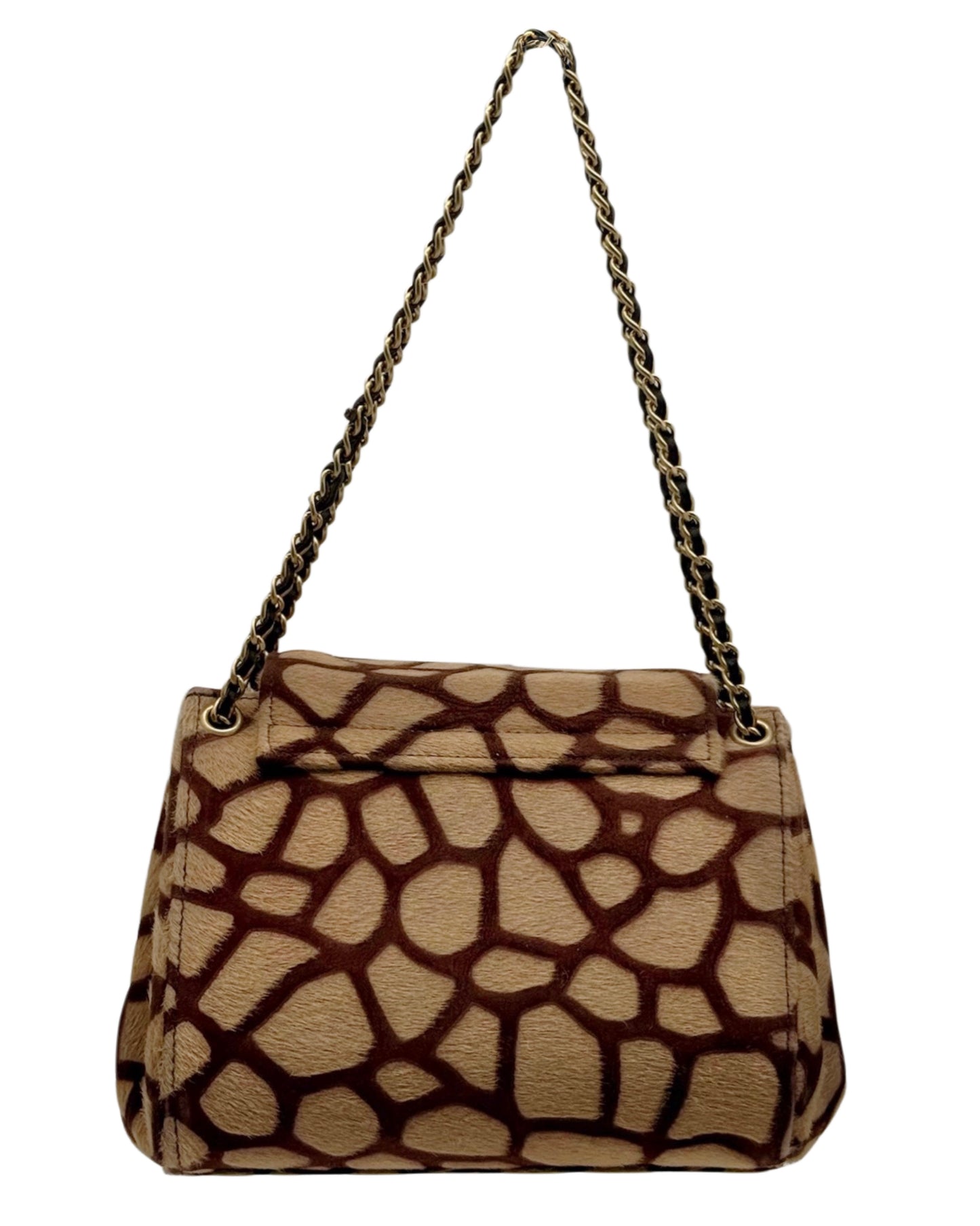 Chanel Vintage 00s Beige & Brown Giraffe Print Pony Hair Logo Reissue Turnlock Mini Top Handle Flap Bag