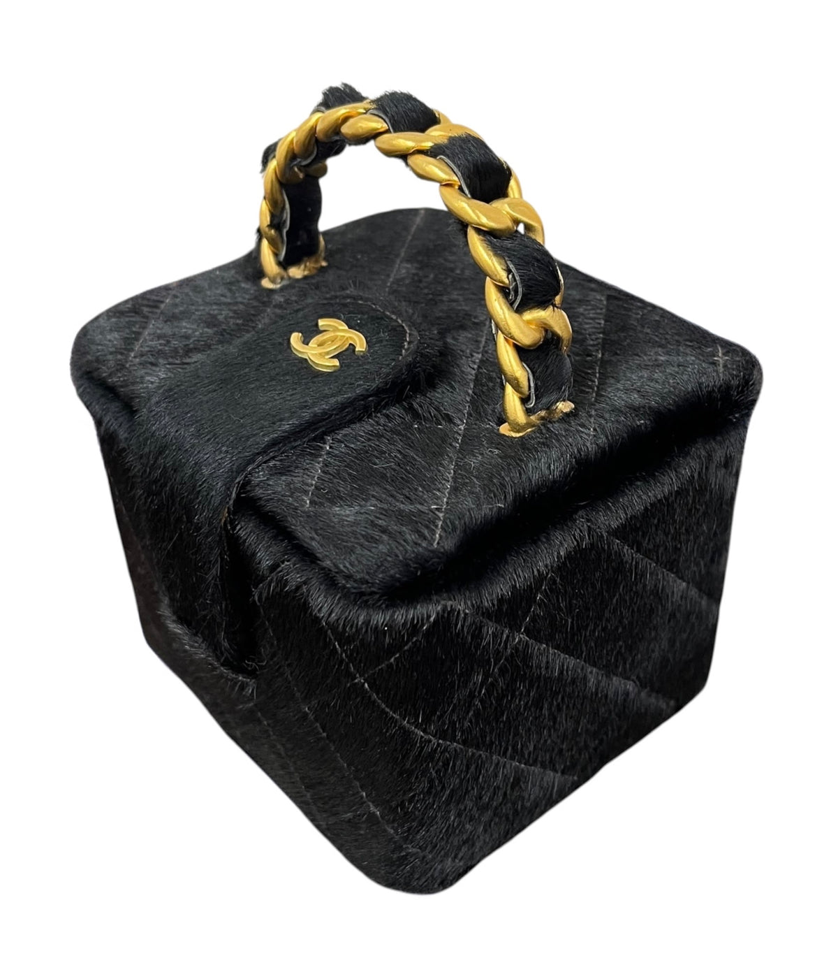 Chanel Vintage Early 90s Black Quilted Pony Hair Vanity Trunk Top Handle Clutch with AGHW