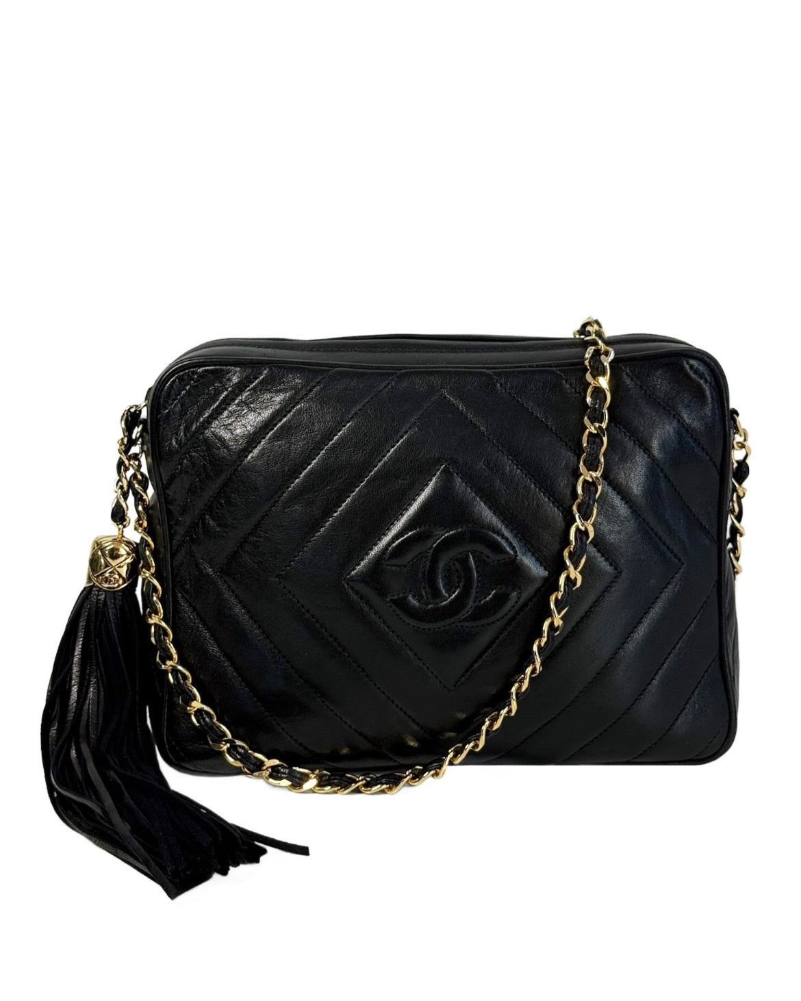 Chanel Vintage Black Quilted Trapezoid Quilted Lambskin Tassel Camera Bag w 24K Gold Plated Hardware