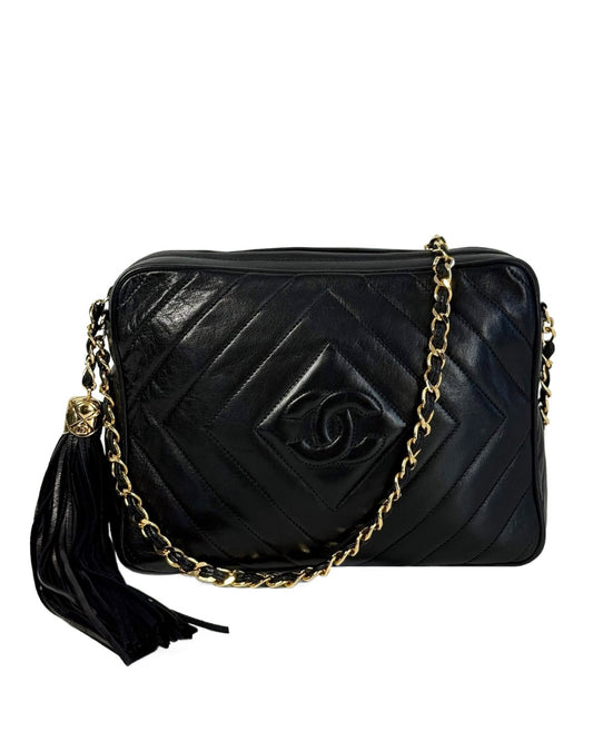 Chanel Vintage Black Quilted Trapezoid Quilted Lambskin Tassel Camera Bag w 24K Gold Plated Hardware