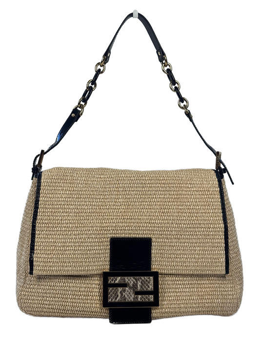 Fendi Vintage Beige Raffia Black Snakeskin Patent Leather Trim XL Mamma Baguette Shoulder Bag