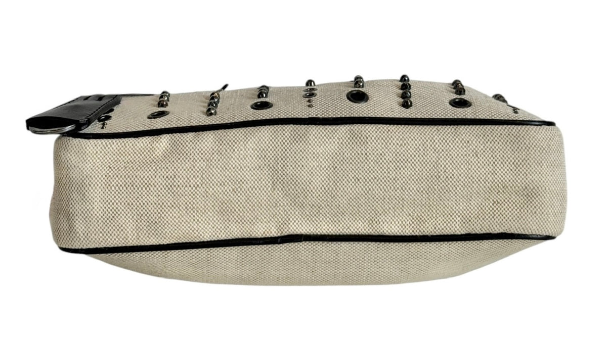 Prada Vintage Gray Canvas Scamosciato Grommet Top Handle Bag with Black Leather Trim