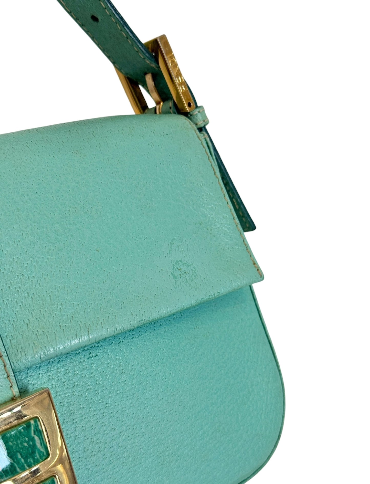 Fendi Vintage Blue Pebbled Leather Quartz Logo Shoulder Baguette Bag