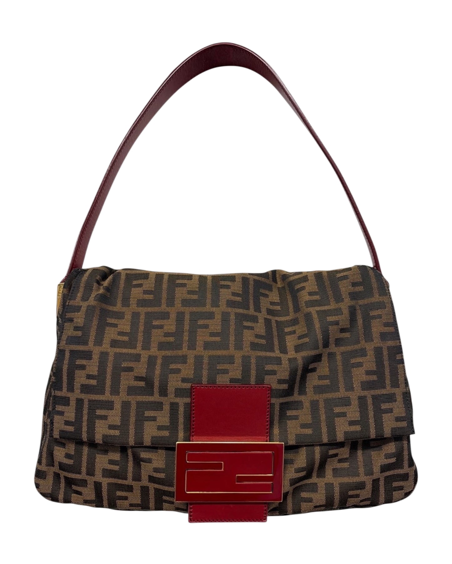 Fendi Vintage Brown Zucca Monogram Canvas Red Leather Trim XL Jumbo Mamma Baguette Shoulder Bag