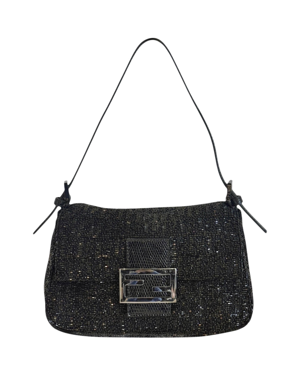 Fendi Vintage Black Zucca Beaded Embroidered Mini Mamma Shoulder Baguette Bag with Lizard Trim