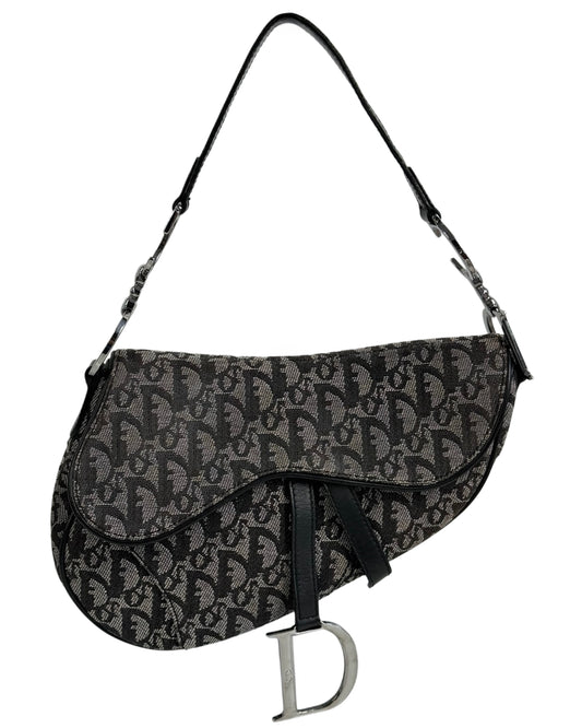Dior Vintage 2005 Black Trotter Monogram Medium Saddle Bag
