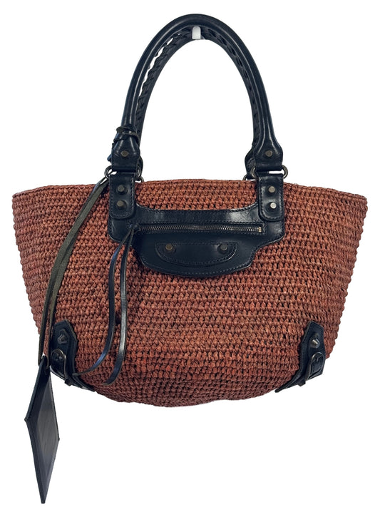 Balenciaga Vintage Borsa Panier Classic Raffia Motocross City Bag in Marrone & Black 