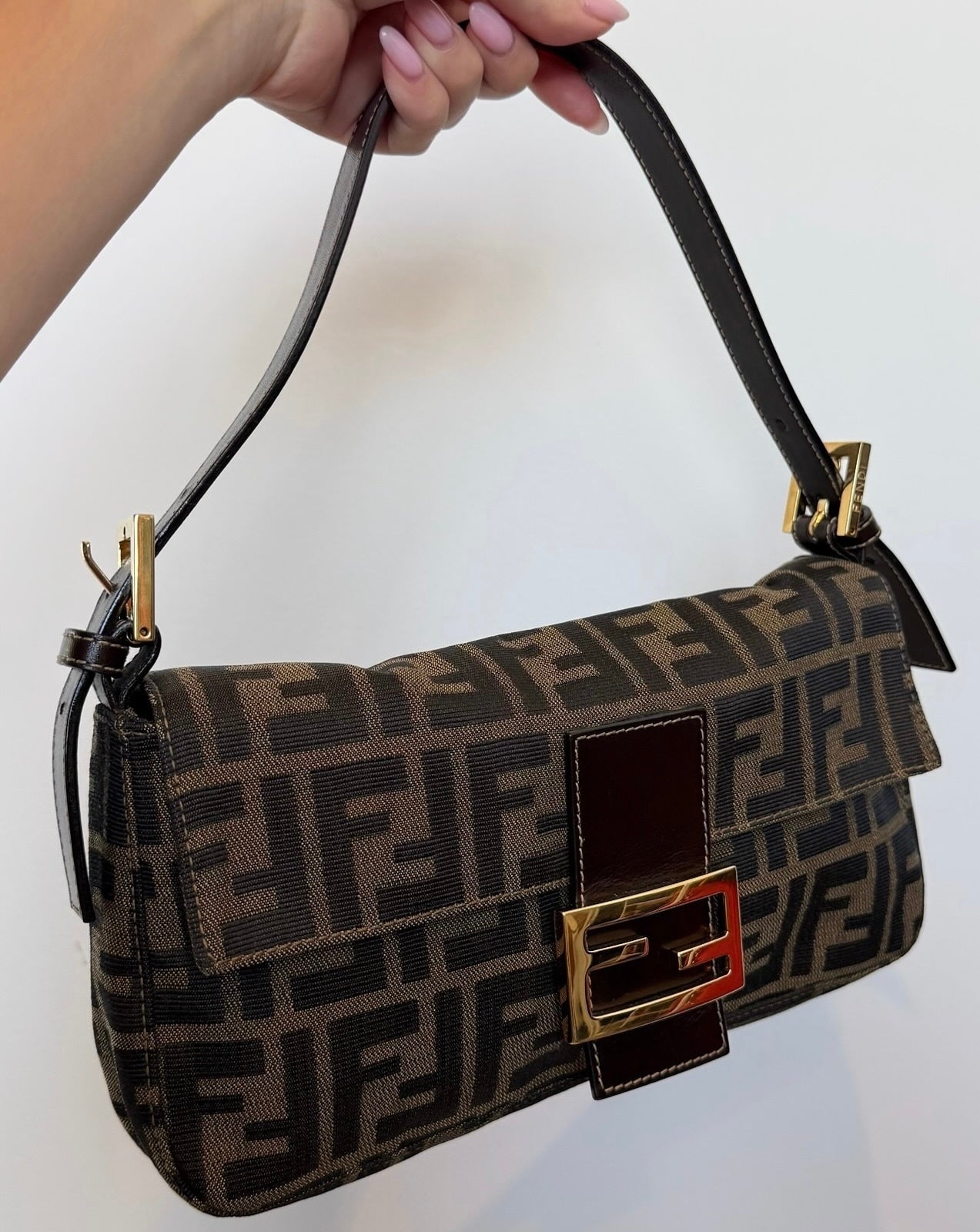Fendi Vintage Brown Zucca Monogram Classic Baguette with Gold Hardware