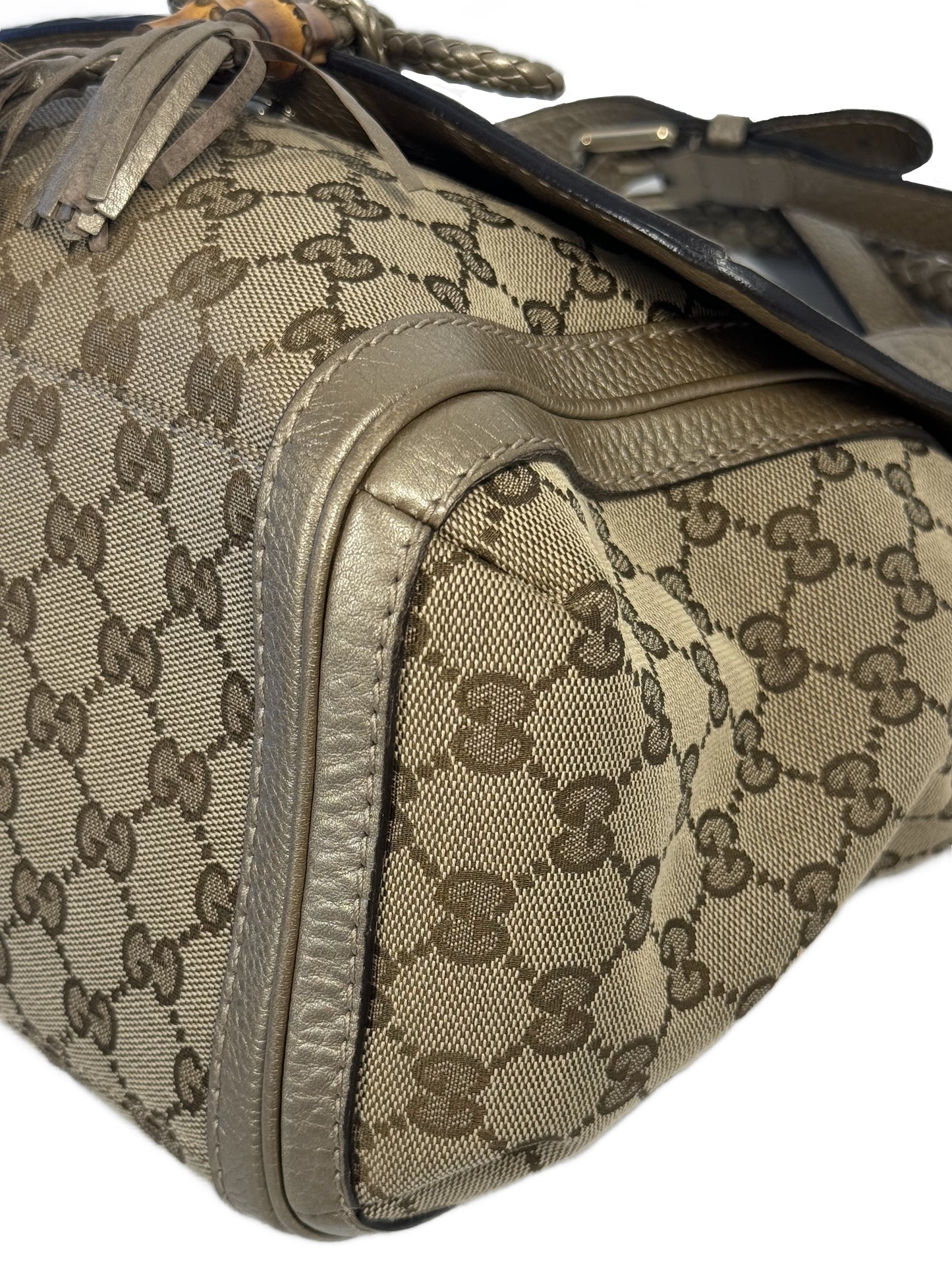 Gucci Vintage Brown GG Monogram Canvas & Gold Leather Bella Bow Flap Medium Shoulder & Crossbody Bag