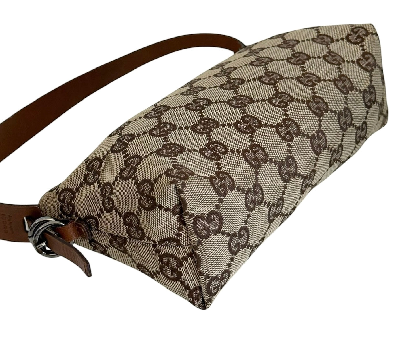 Gucci Vintage Brown GG Monogram Light Brown Leather Trim Small Pochette Bag