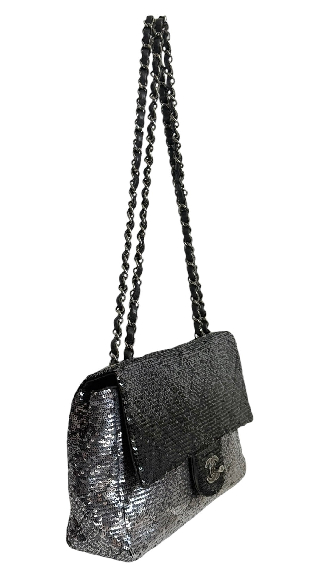 Chanel 2015 Gradient Black & Silver Sequin Quilted Medium Classic Single Flap Bag