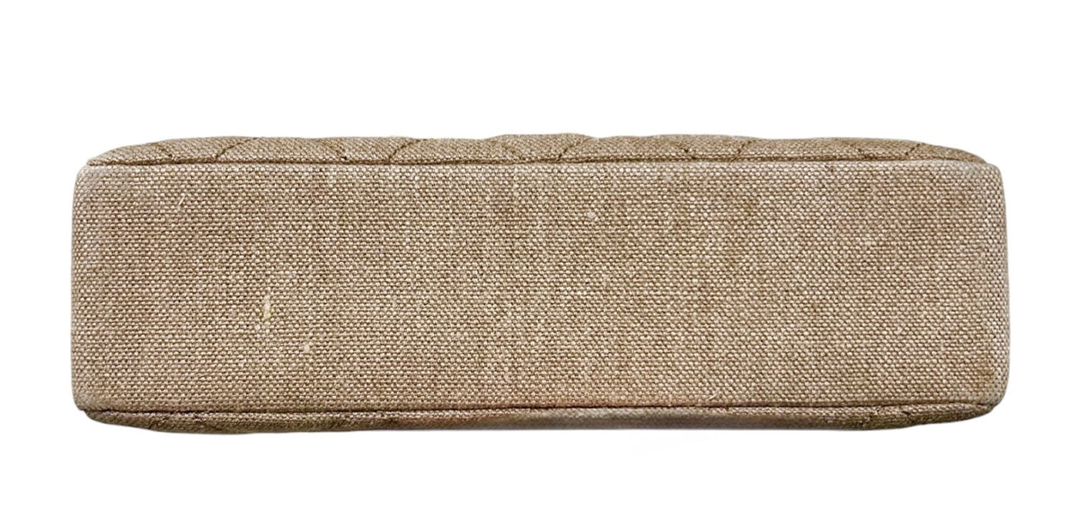 Chanel Vintage 90s Beige Linen Maxi CC Short Shoulder Chainlink Tote Bag with 24K Gold Plated Hardware