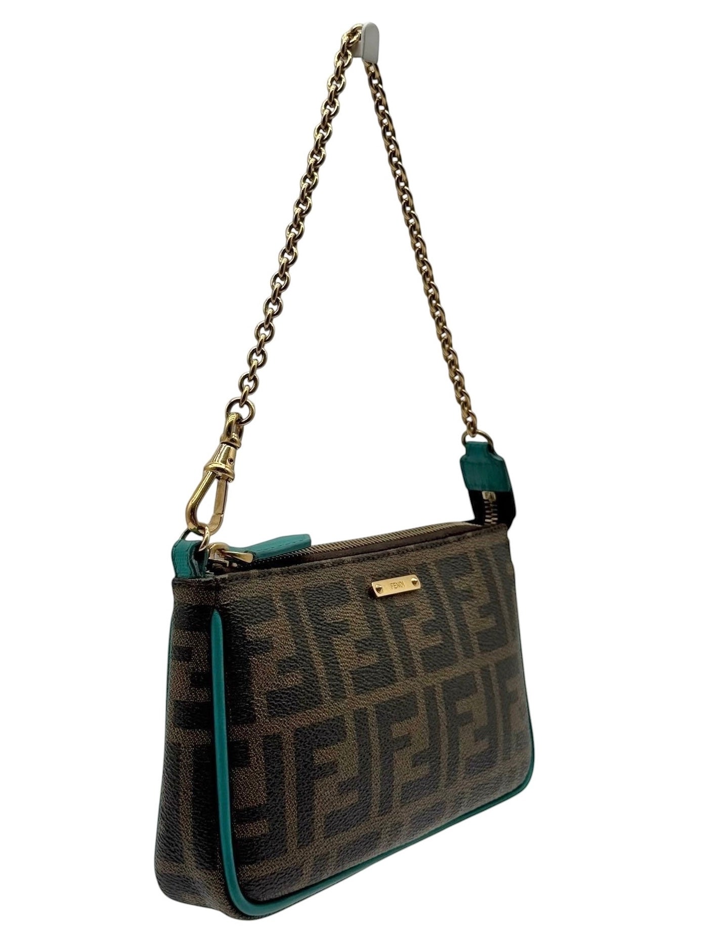 Fendi Vintage Brown Zucca Monogram Turquoise Trim Mini Pochette Chain Bag