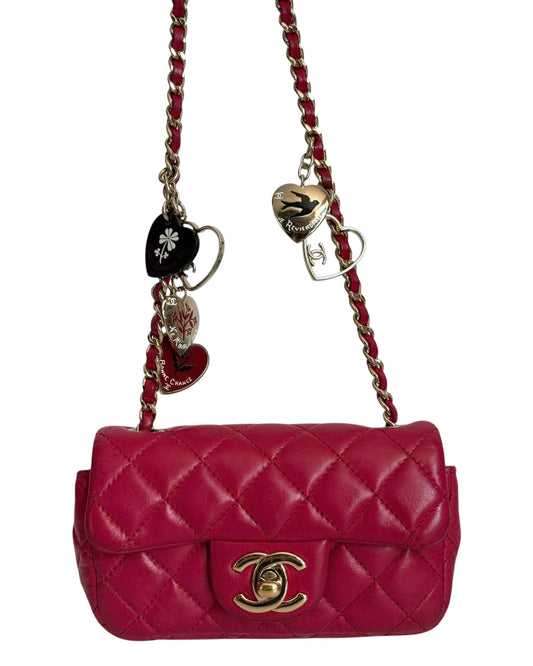Chanel Vintage Hot Pink Quilted Lambskin Extra Mini Valentines Charms Flap Bag