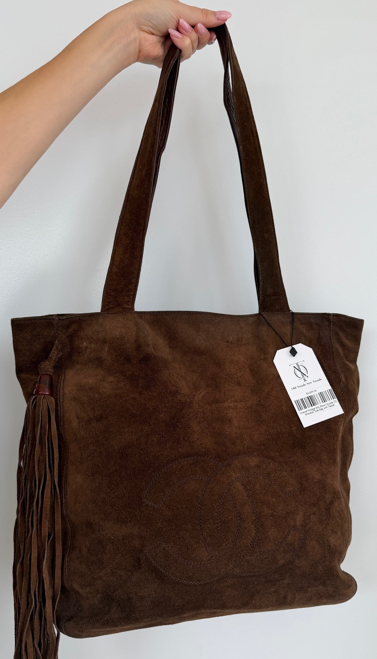 Chanel Vintage 90s Brown Suede CC Shoulder Tote Bag with Tassel