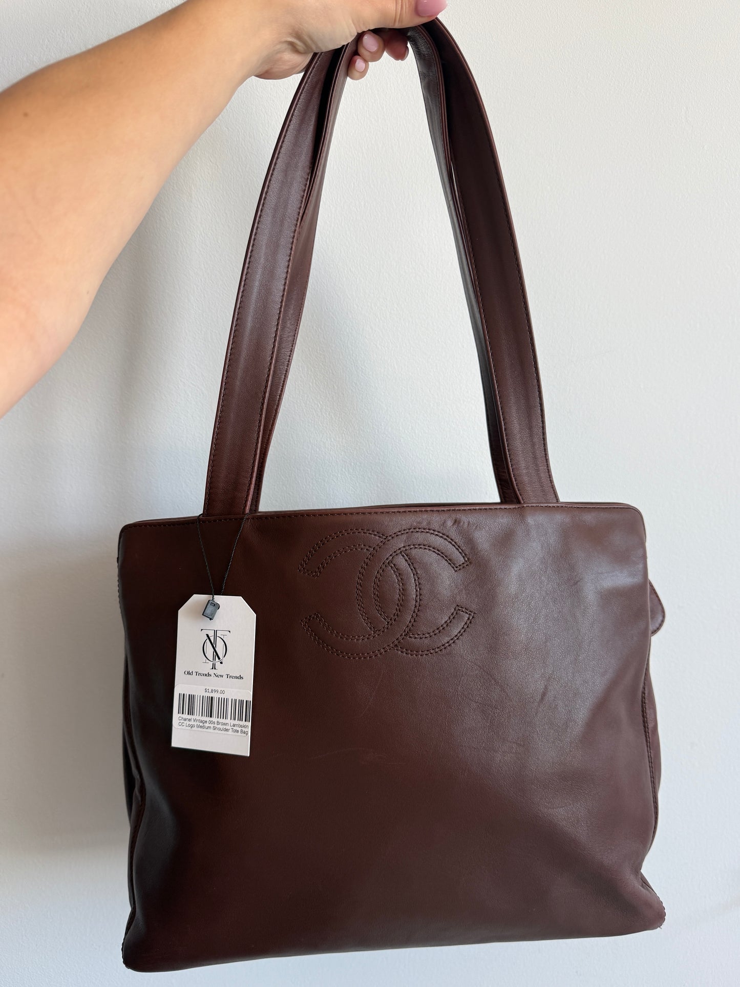 Chanel Vintage 00s Brown Lambskin CC Logo Medium Shoulder Tote Bag