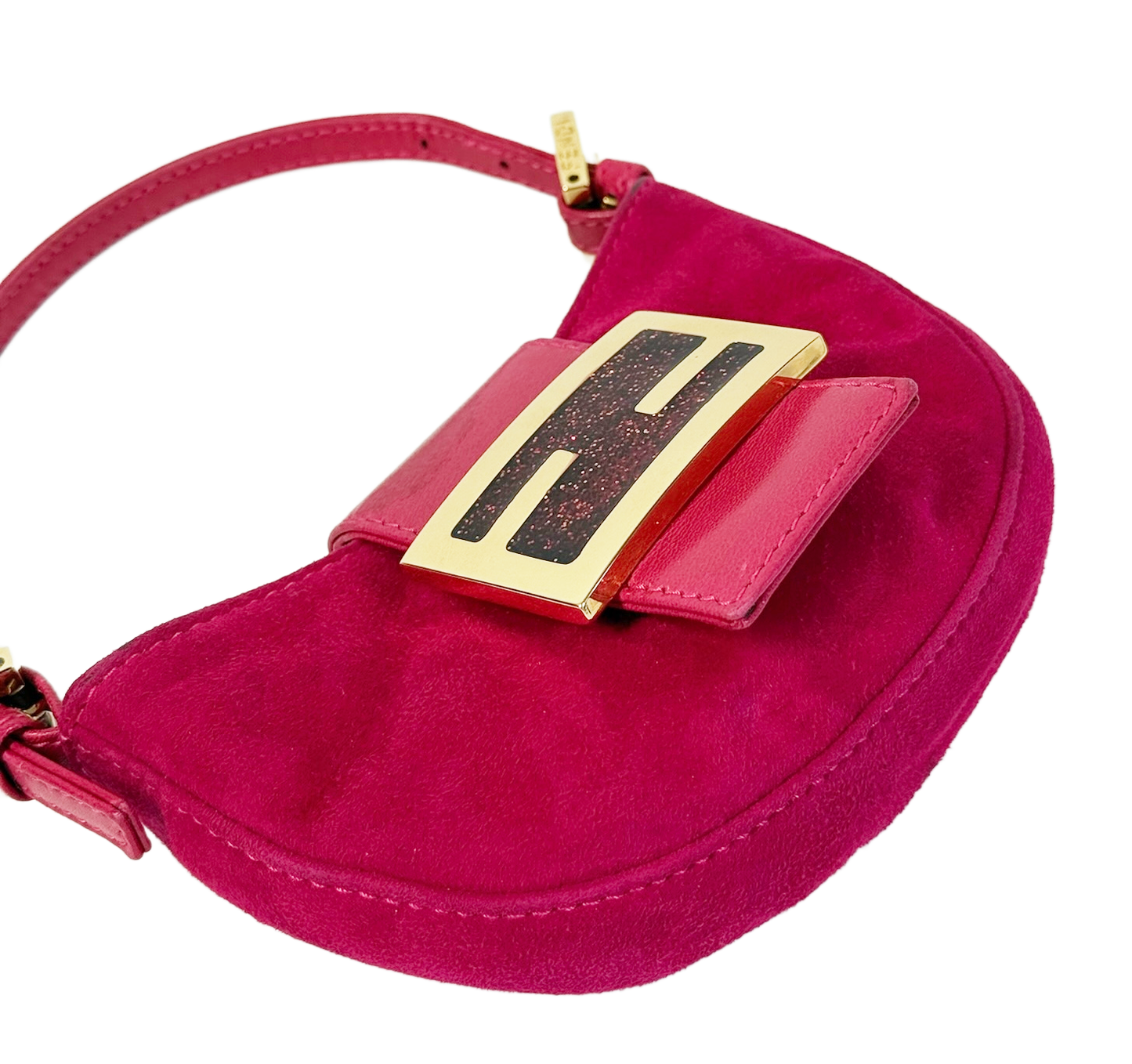 Fendi Vintage Hot Pink Suede Glitter Logo Mini Croissant Baguette Bag