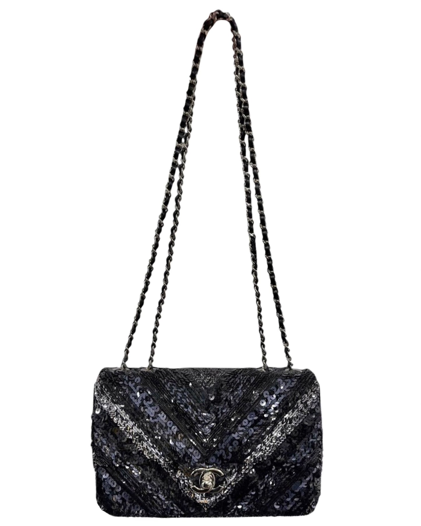 Chanel 2016 Black & Navy Blue Chevron Sequin Mini Rectangular Shoulder Flap Bag