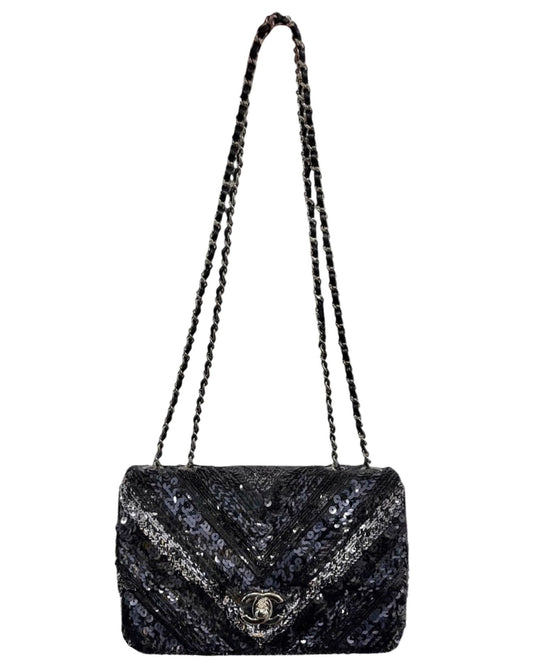 Chanel 2016 Black & Navy Blue Chevron Sequin Mini Rectangular Shoulder Flap Bag