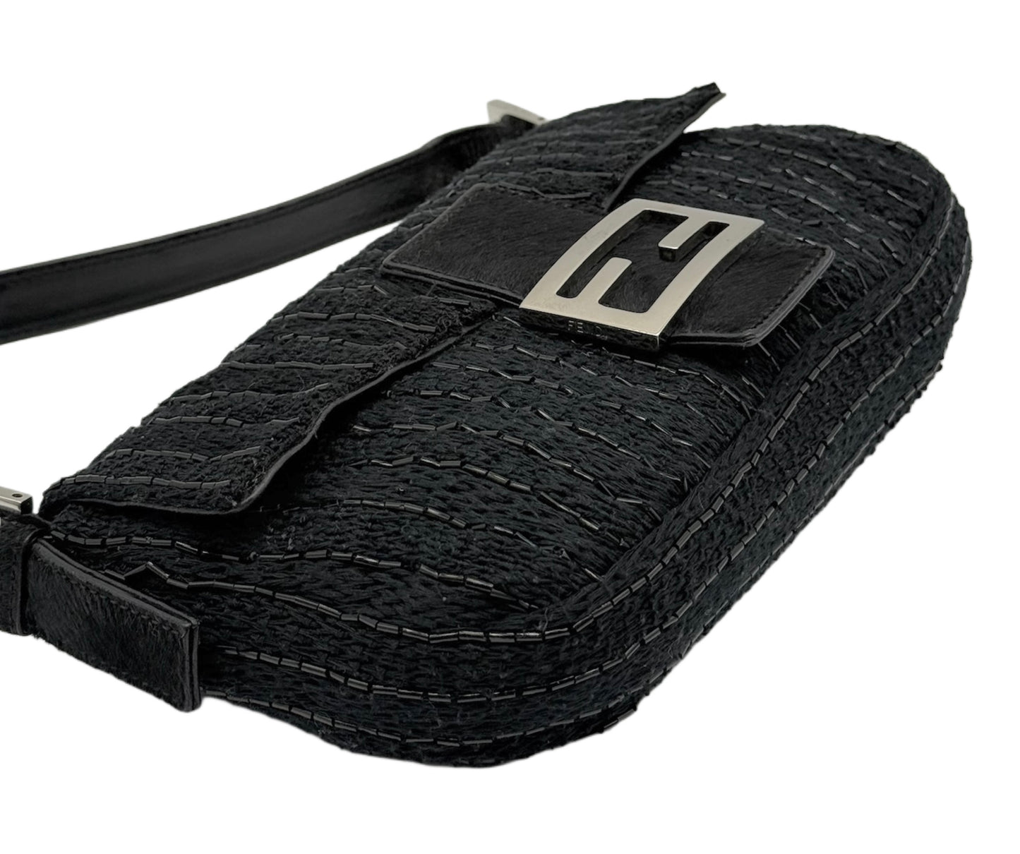 Fendi Vintage Black Knit Silver Beaded Shoulder Baguette Bag w Black Pony Hair Trim