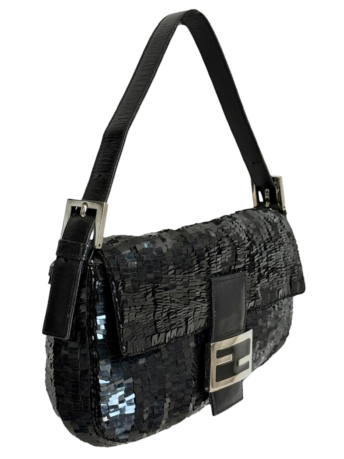 Fendi Vintage Black Paillettes Sequin Beaded Shoulder Baguette Bag