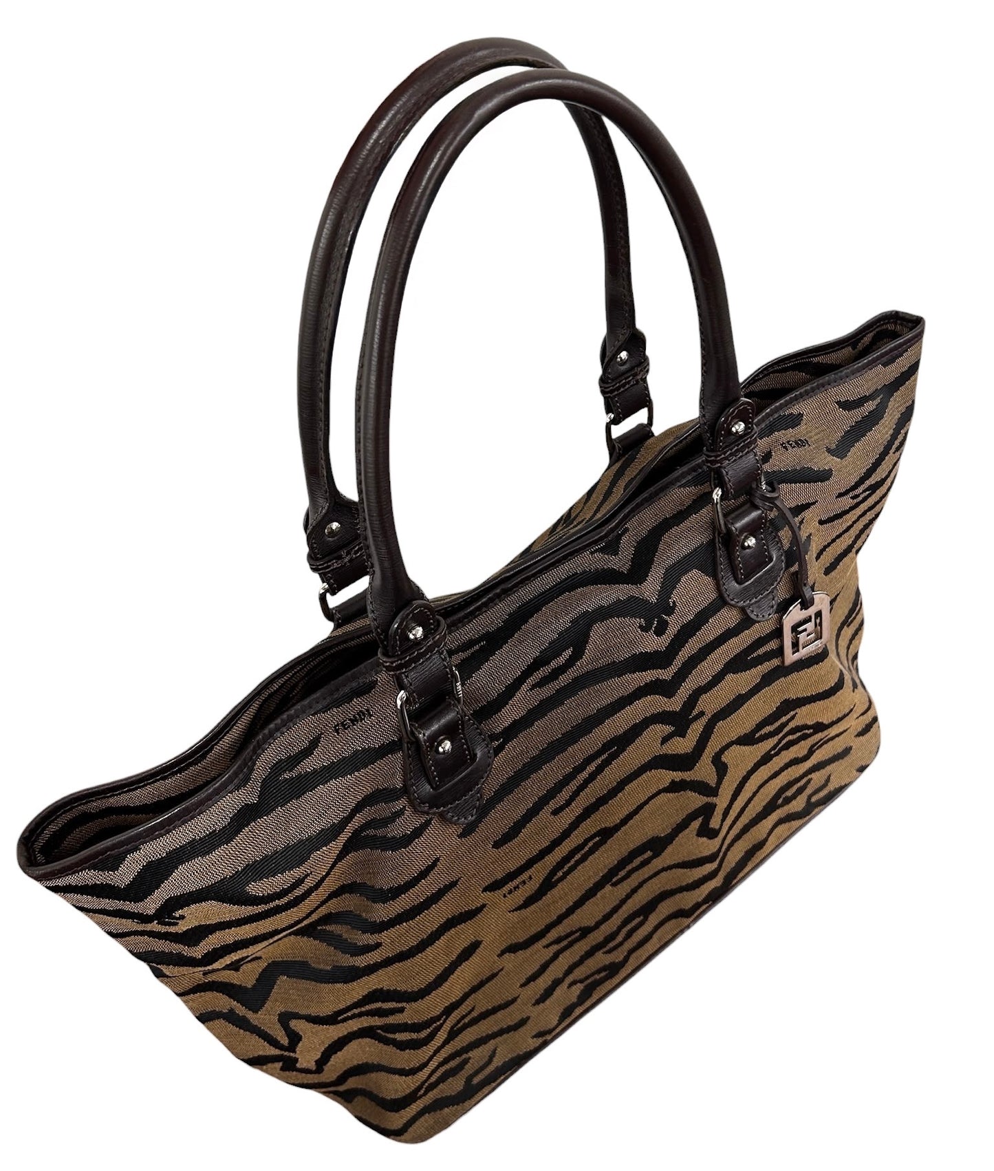 Fendi Vintage Brown Zebra Print Canvas Brown Leather Trim Shoulder Tote Bag  