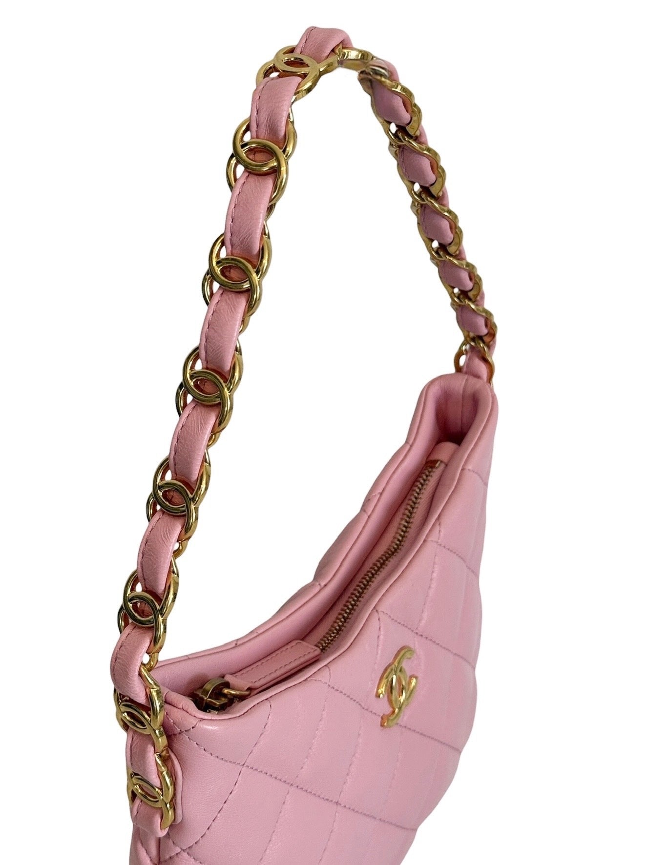 Chanel F/W 2022 Pink Quilted Lambksin CC Links Small Hobo Shoulder Bag