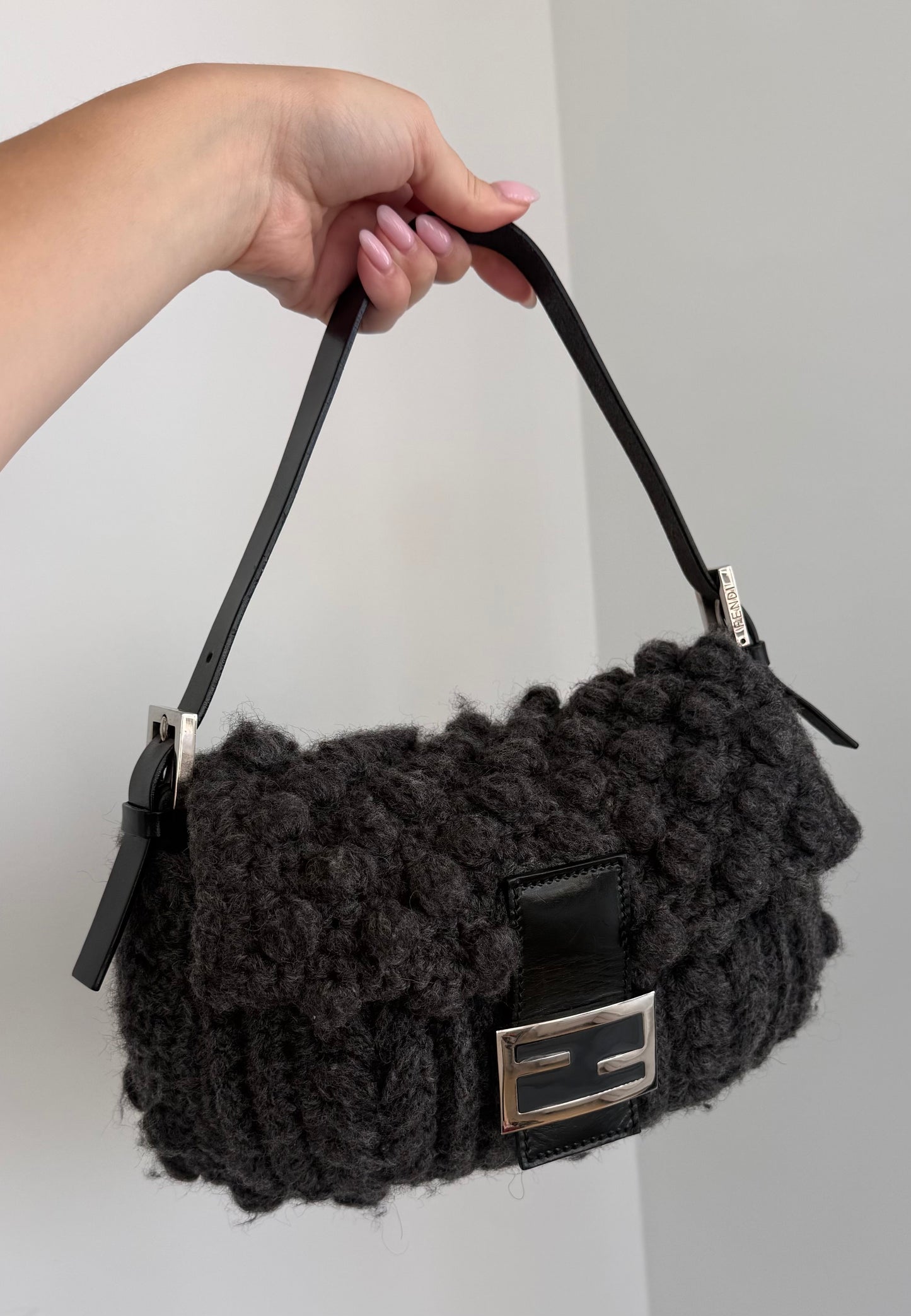 Fendi Vintage Dark Gray Crochet Knit Shoulder Baguette Bag