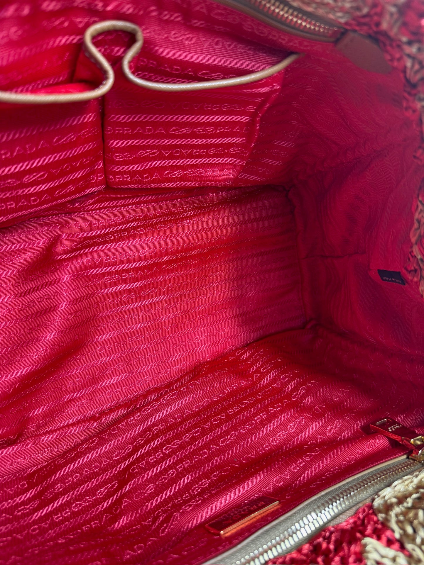 Prada 2012 Red & Brown Crochet Raffia Medium Canapa Tote Bag