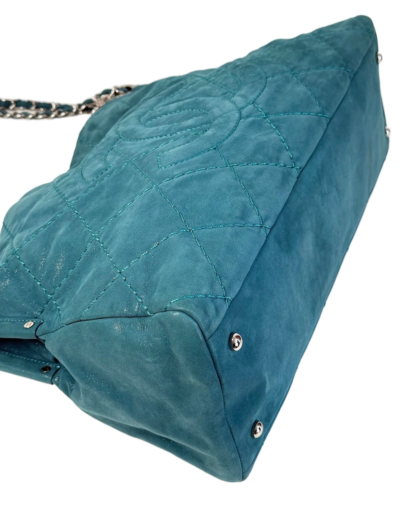 Chanel 2012 Iridescent Turquoise Crinkled Calfskin CC Medium Shoulder Tote Bag