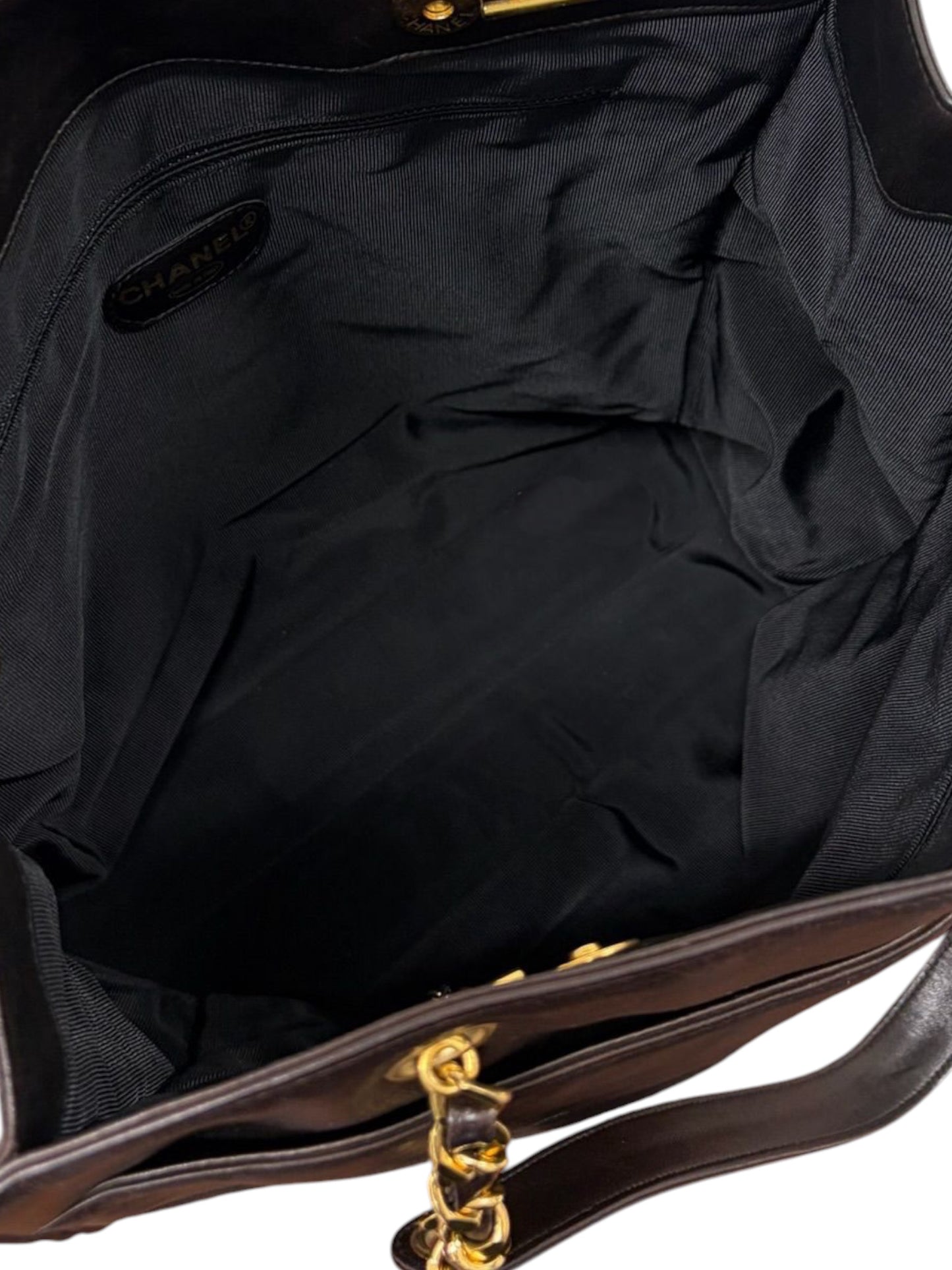 Chanel Vintage 90s Dark Brown Lambskin Timeless CC Large Shoulder Drop Chain Tote Bag