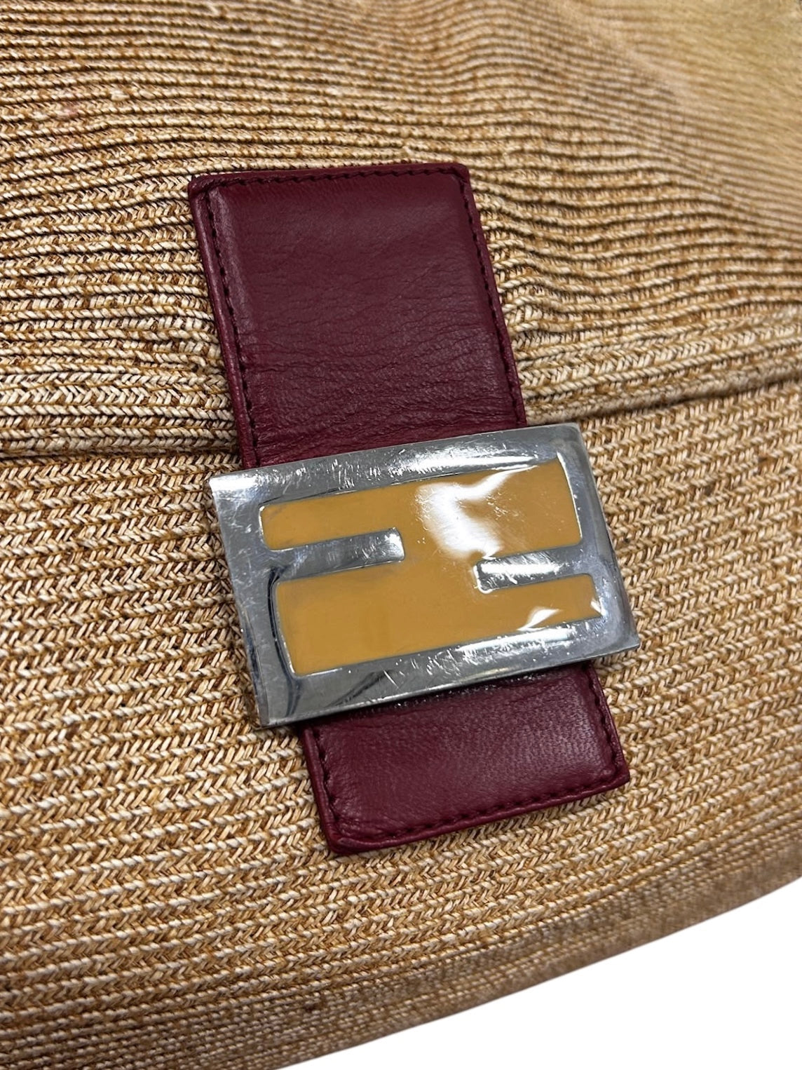 Fendi Vintage Beige Raffia and Red Leather Trim Mamma Baguette Shoulder Bag 