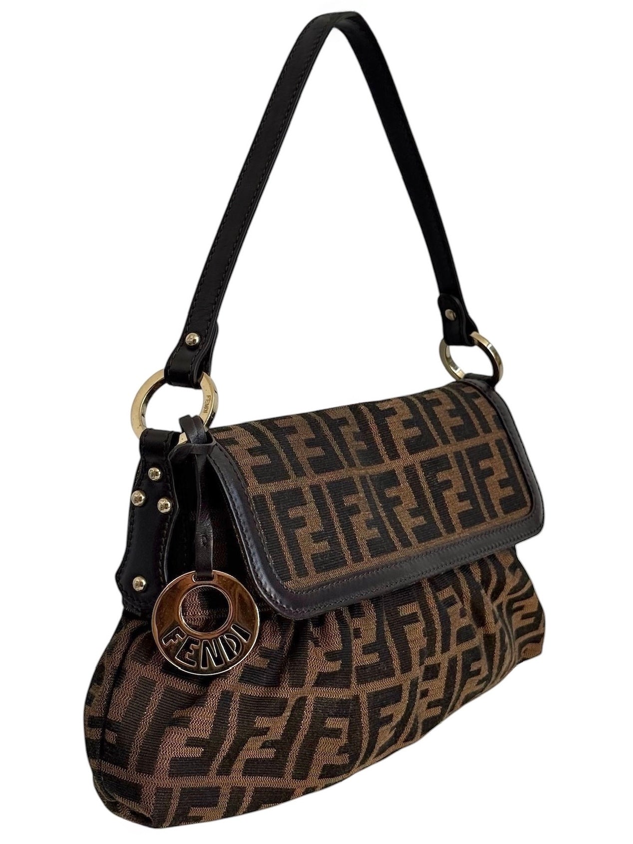 Fendi Vintage Brown Zucca Monogram Canvas Medium Chef Shoulder Baguette Bag