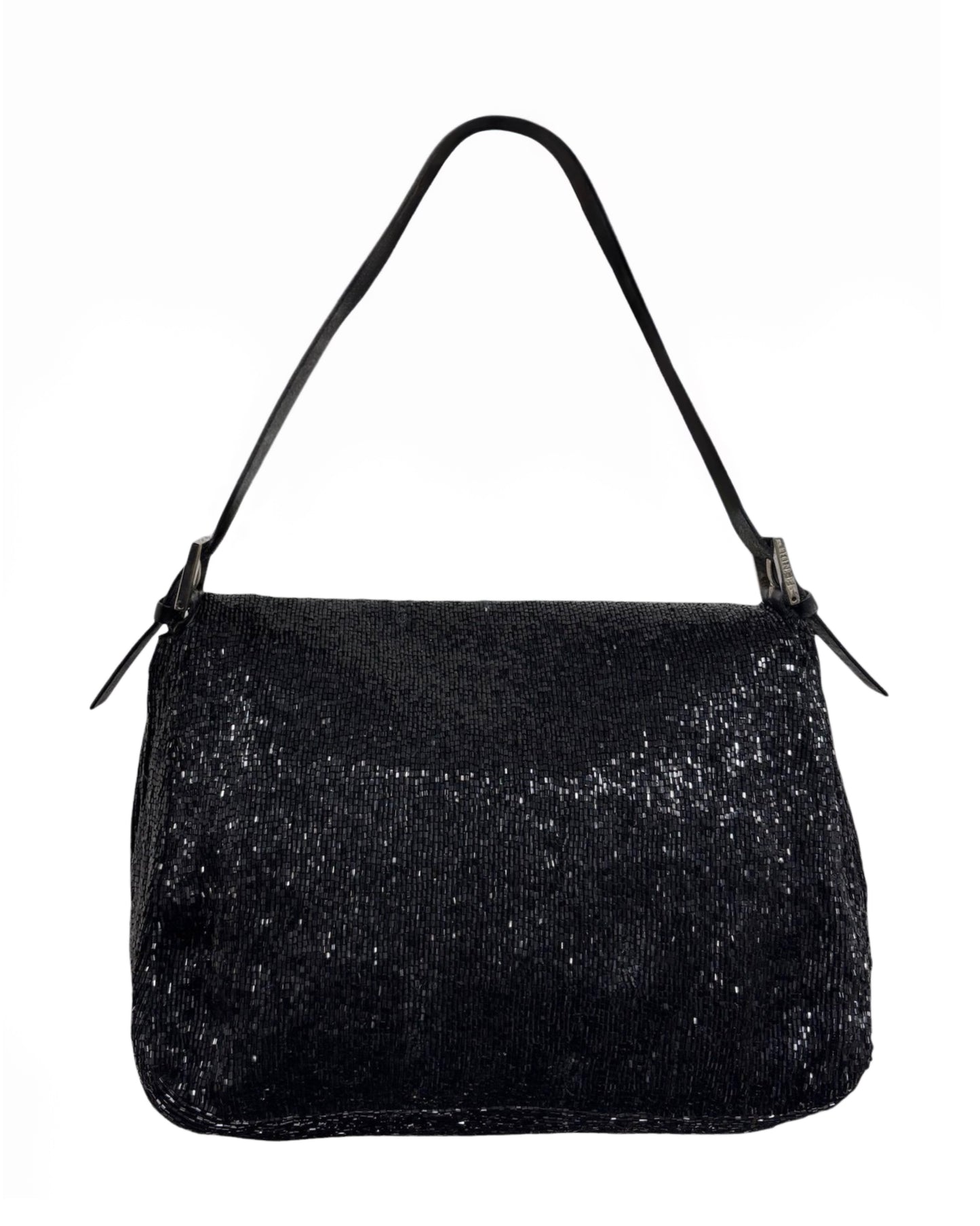 Fendi Vintage Black Beaded Leather Trim Mamma Baguette Shoulder Bag