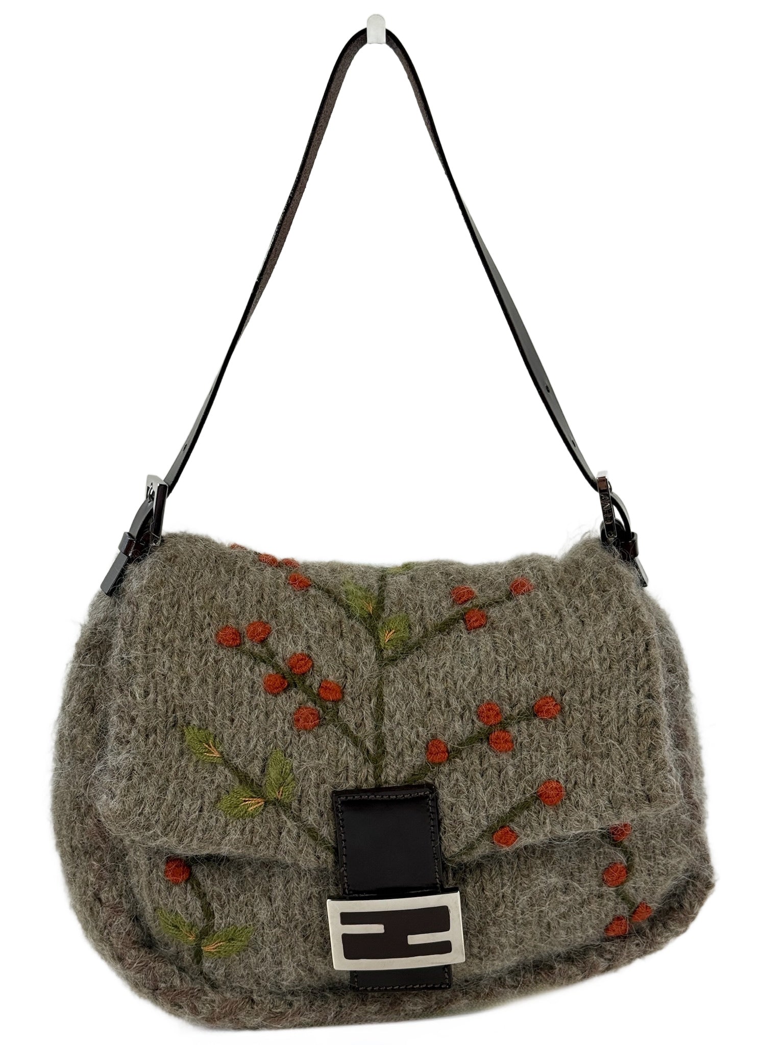 Fendi Vintage Grey Wool Knit Cherry Embroidered Shoulder Mamma Baguette Bag