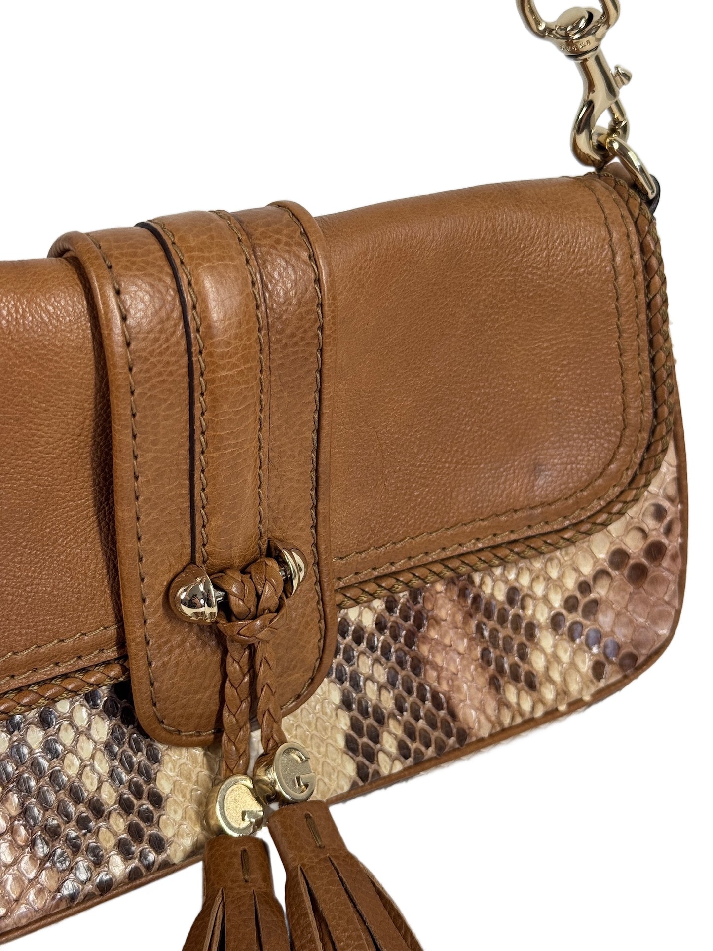 Gucci Vintage Honey Brown Leather Python Snakeskin Marrakech Chain Tassel Shoulder Clutch Pochette Bag