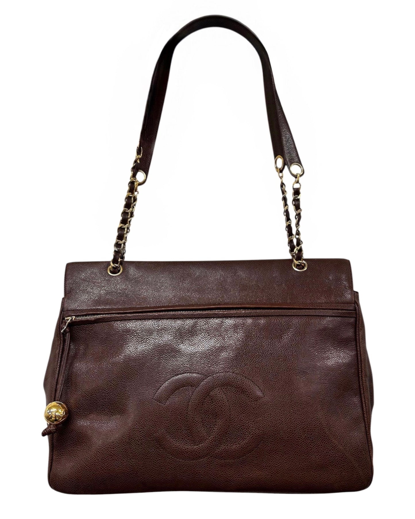 Chanel Vintage 1995 Dark Brown Caviar Leather Double Sided CC Turnlock XL Shoulder Tote Bag