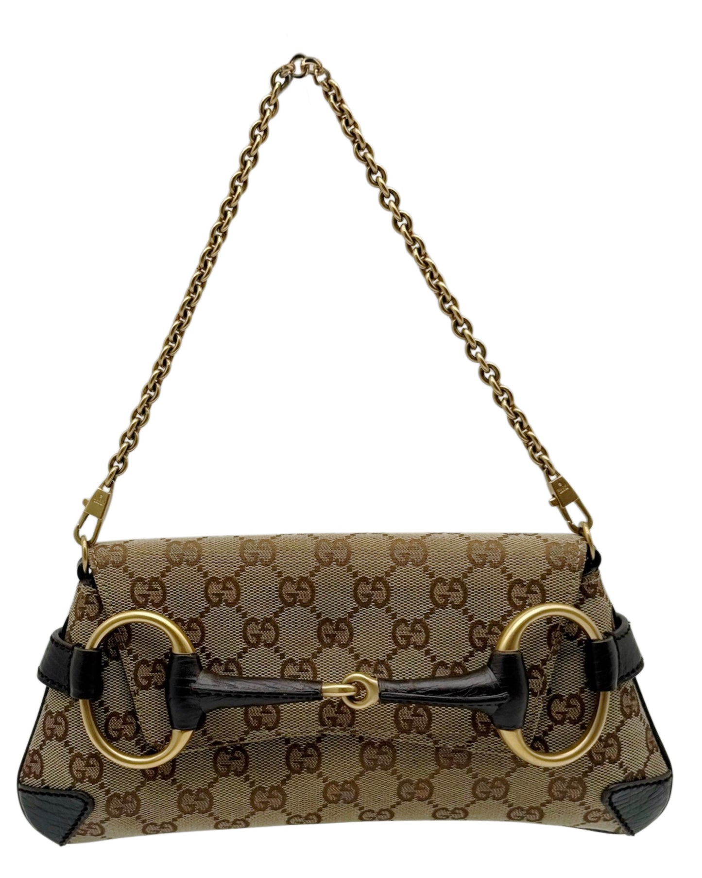 Gucci Vintage Brown GG Monogram Small Horsebit Shoulder Clutch Bag