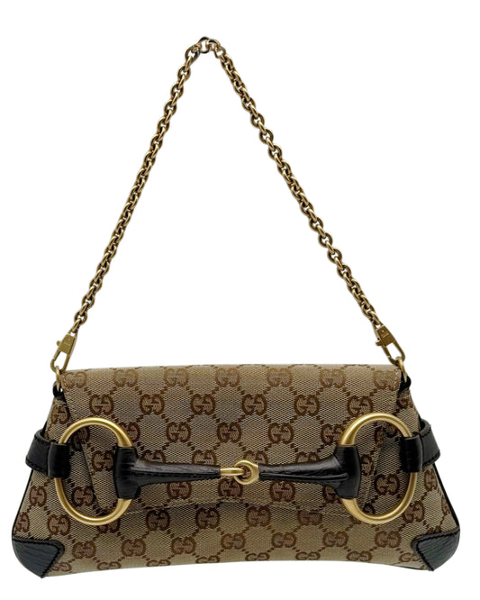 Gucci Vintage Brown GG Monogram Small Horsebit Shoulder Clutch Bag