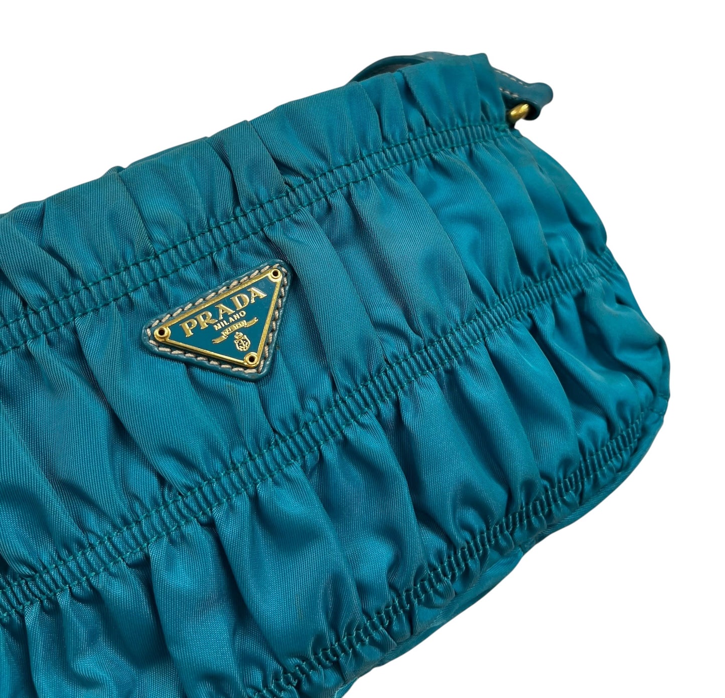 Prada Vintage Turquoise Blue Tessuto Nylon Pleated Ruffle Gaufre Small Pochette Shoulder Bag