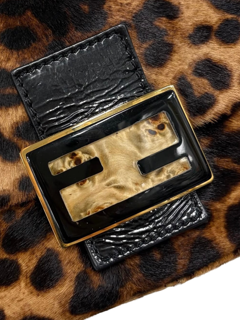 Fendi Vintage Leopard Print Pony Hair Marble Logo Mini Mamma Shoulder Baguette Bag