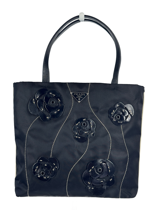 Prada Vintage Black Nylon Leather Flower Embellished Mini Top Handle Tote Bag