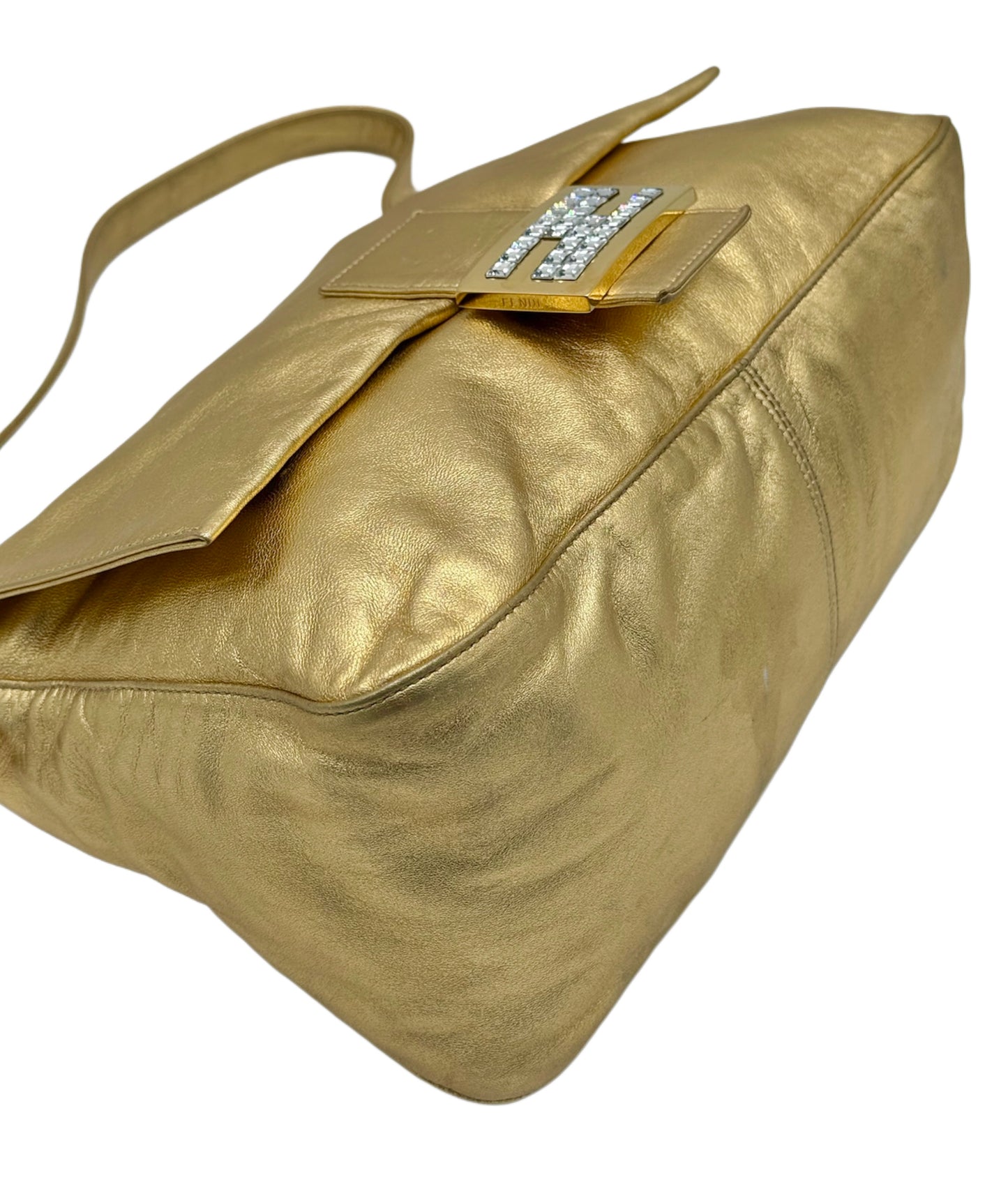 Fendi Vintage Gold Lambskin Leather Crystal Logo Mamma Shoulder Baguette Bag